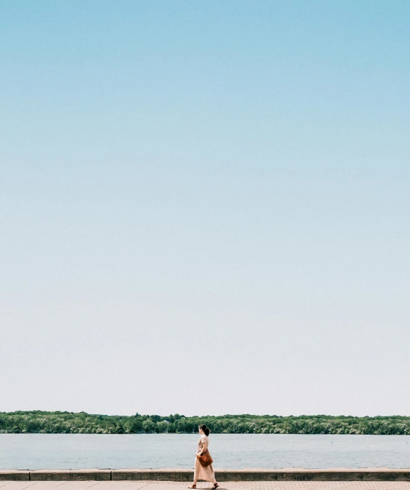 woman with a red dress walking away along the water