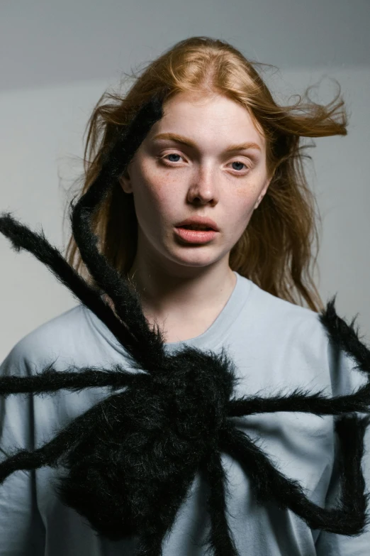 the model has a hair net covered by a spider