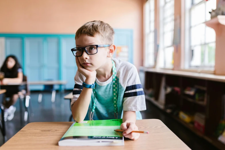 a boy is studying in a school room