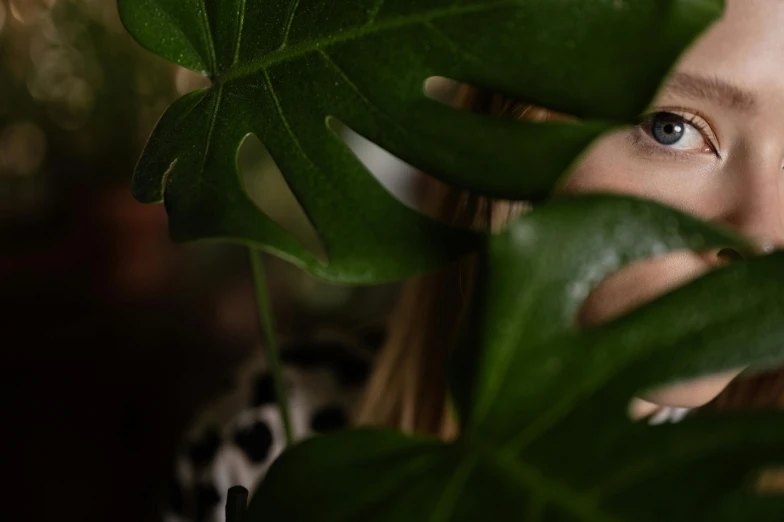 the girl is hiding her face among leaves