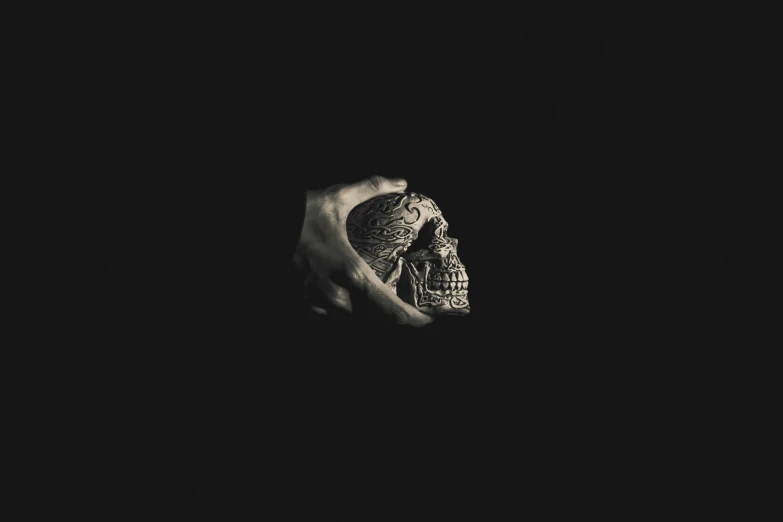 a person with a skull head in their hand