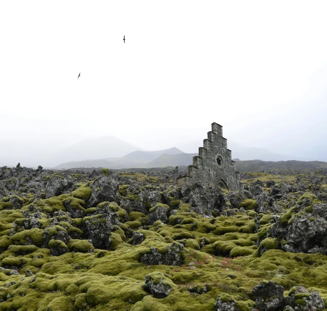 a rocky and mossy area with a stone tower