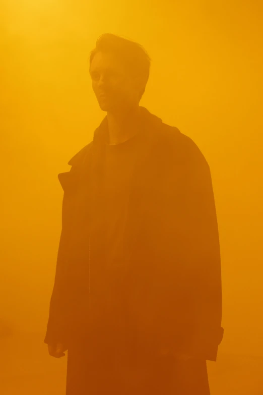 a person with a bird in hand is standing in front of an orange light