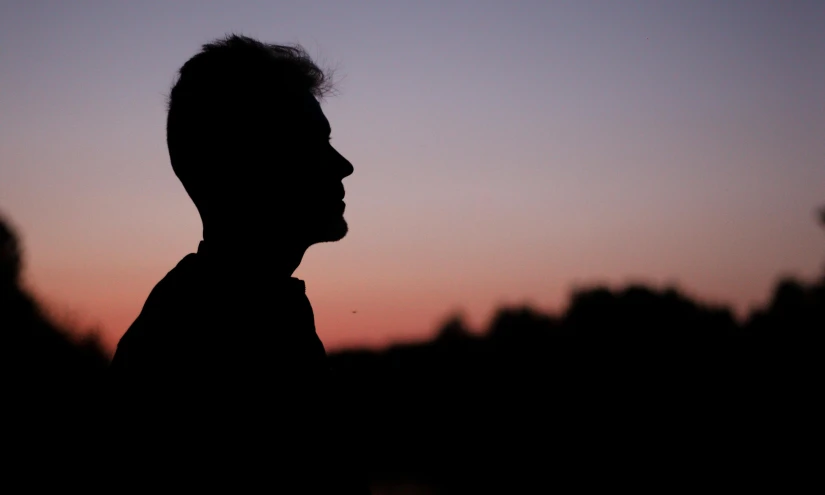 a silhouette s of a man looking off into the distance with trees in the background