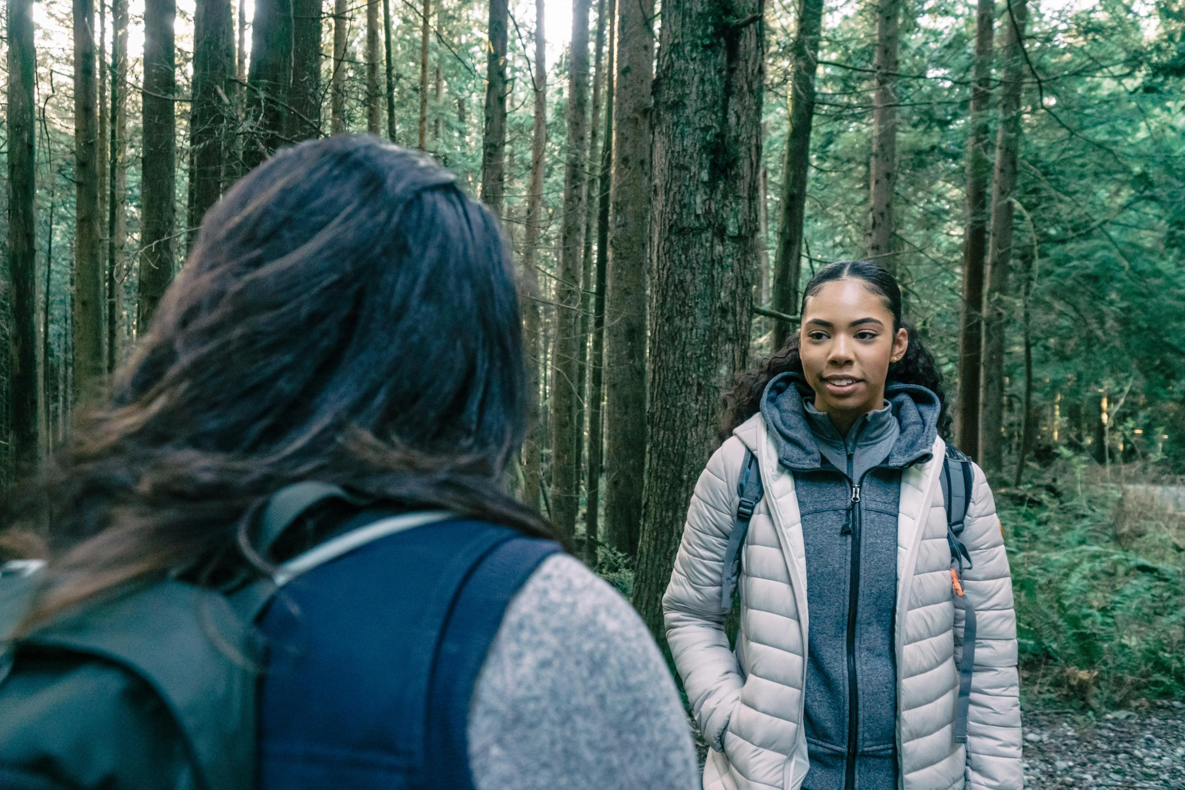 two women walk in the middle of a pine forest