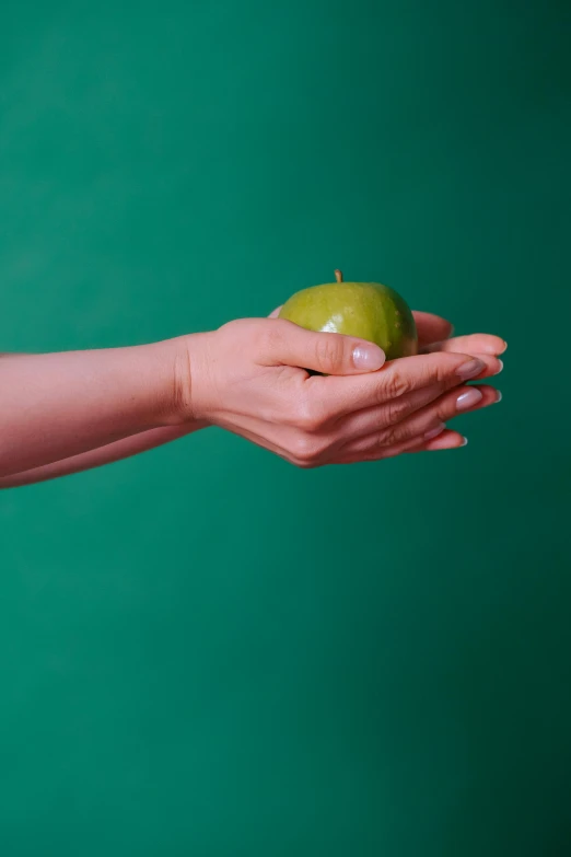 a woman holding an apple with both hands on it