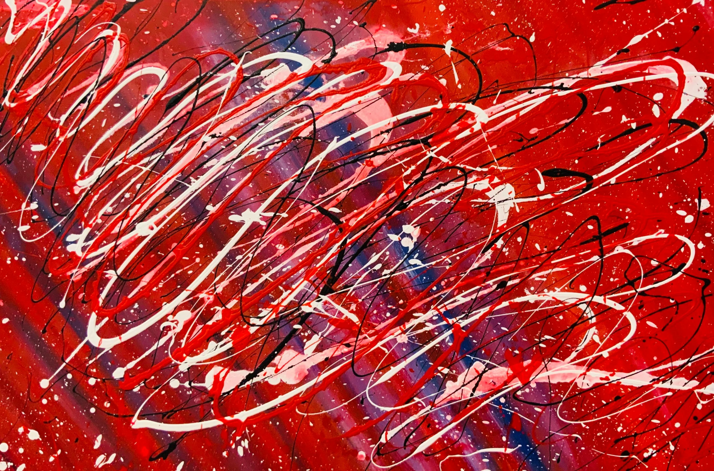 abstract painting on red background with multiple lines