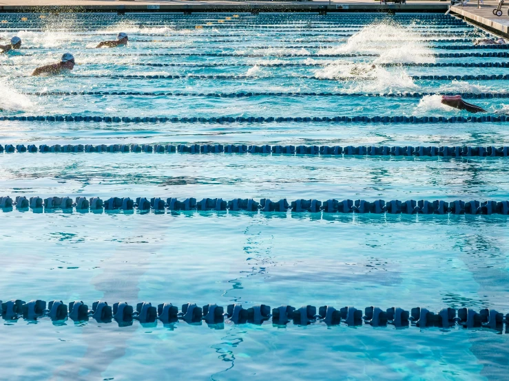 people in a large swimming pool with clear blue water