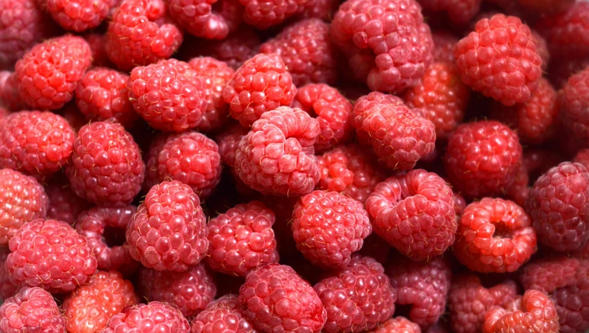 red raspberries are piled in the air