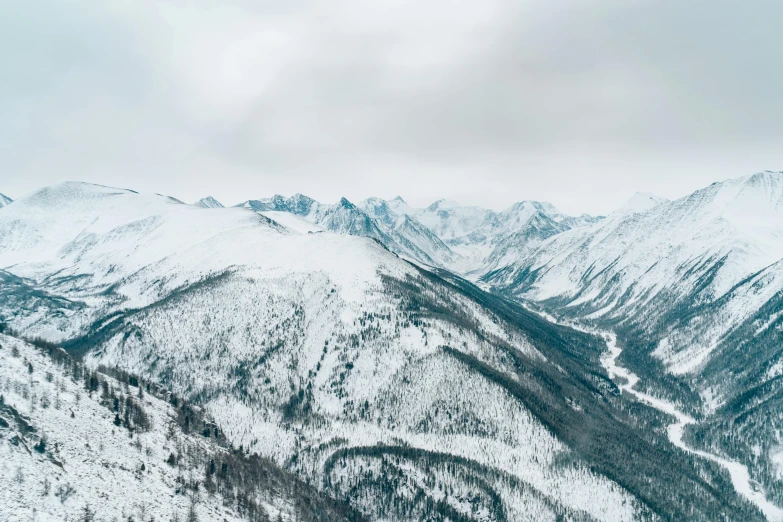 a mountain landscape in the snow, covered with green trees