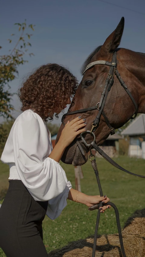 a woman is giving a brown horse a nose