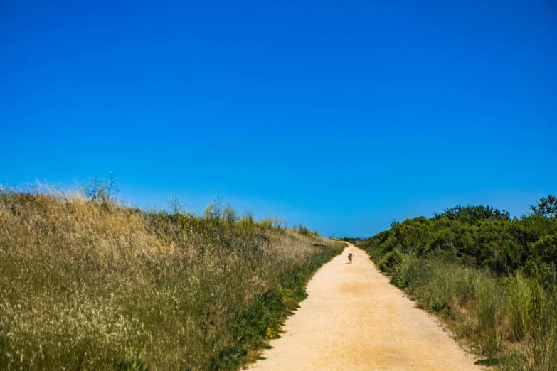 the dirt road is empty on the side of the hill