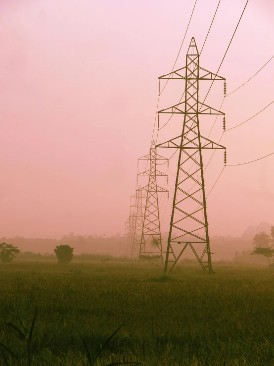 a bunch of tall power lines in the fog