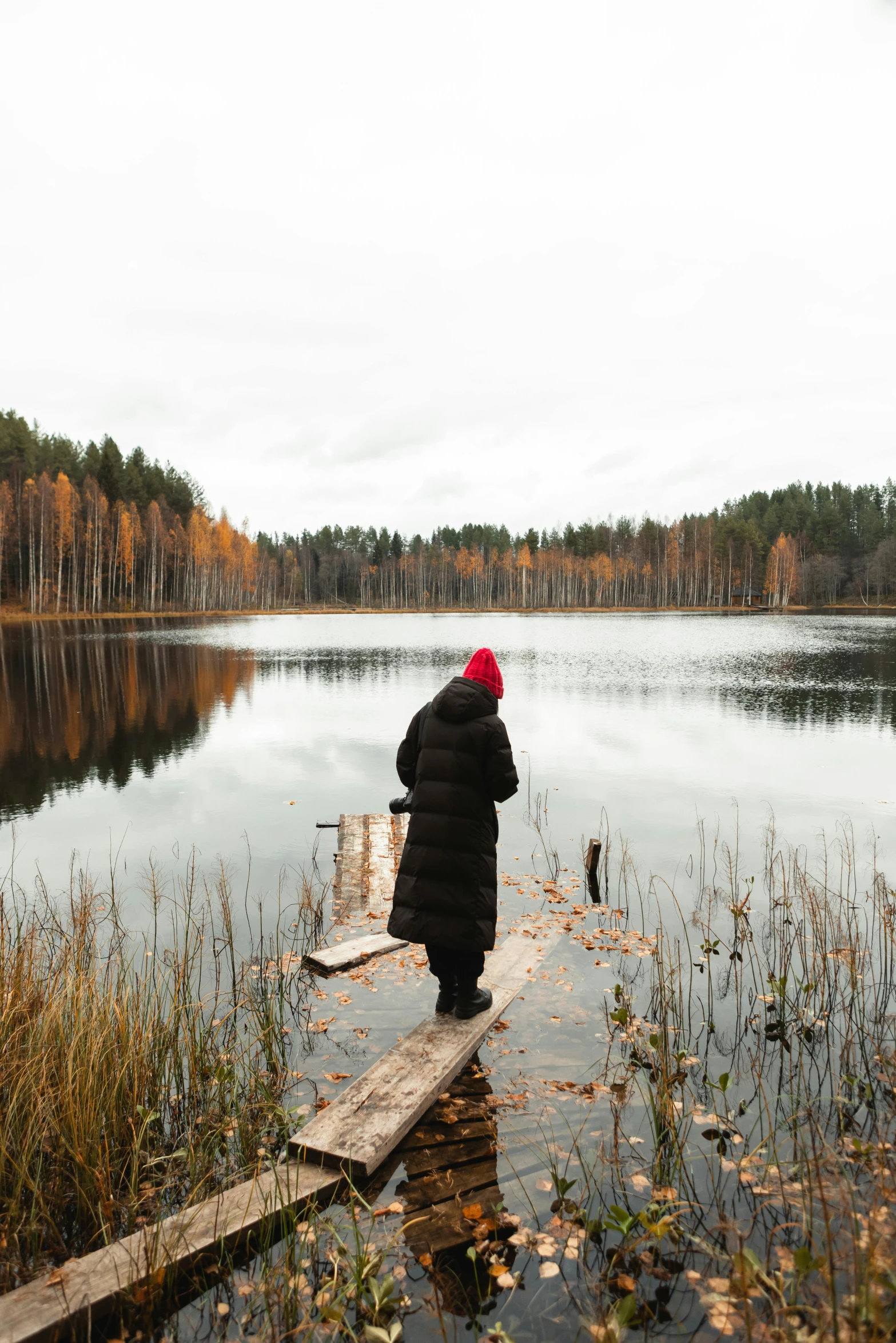 a boy standing on the edge of a lake