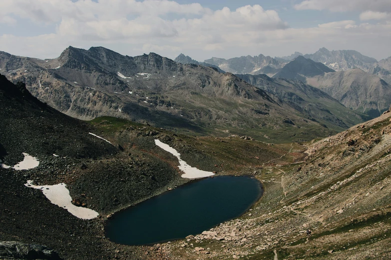 a lake surrounded by mountains under a cloudy sky