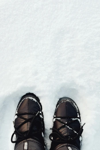 snow is covering a person's feet on a snowy path