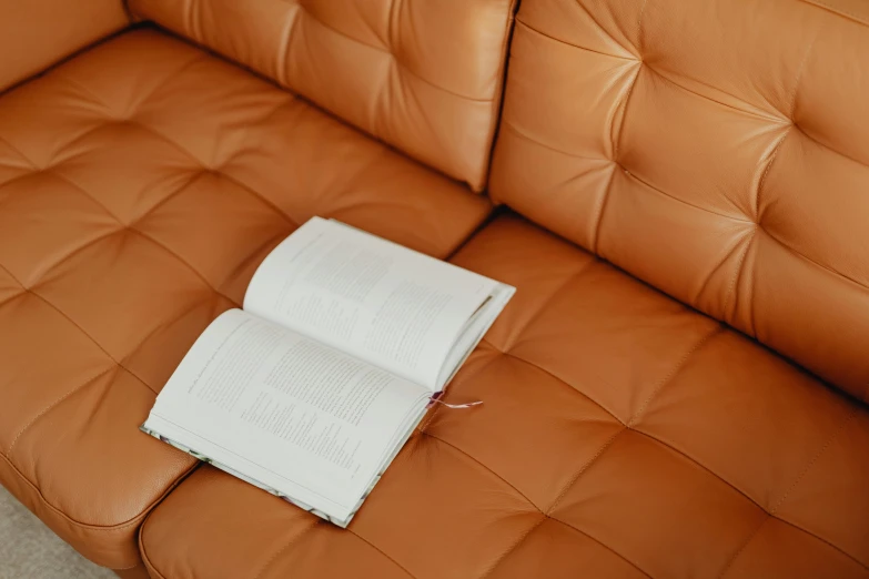 the small open book is sitting on top of the leather couch