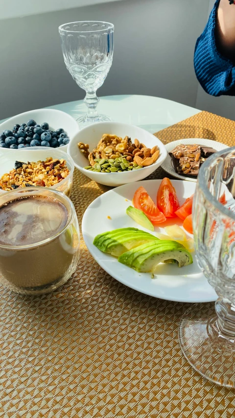 the plates of food are sitting on the table