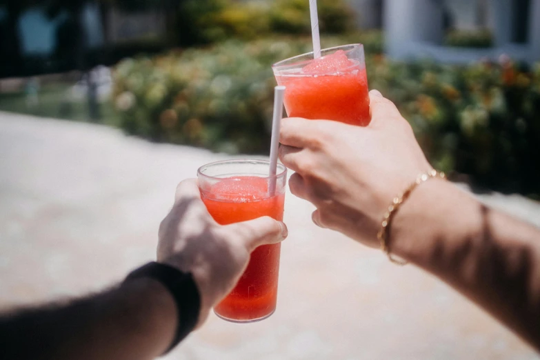 the couple toasts with a red drink while another holds up their glasses