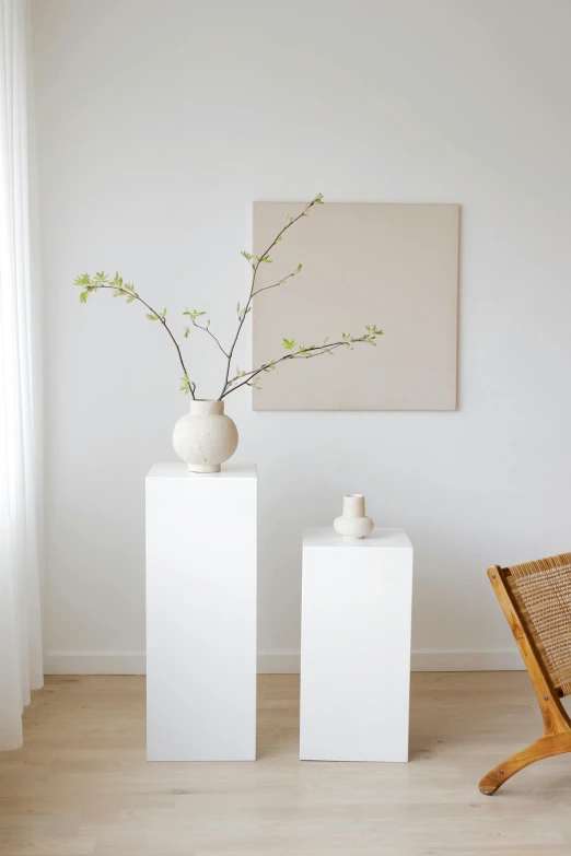 the interior of a modern white colored living room