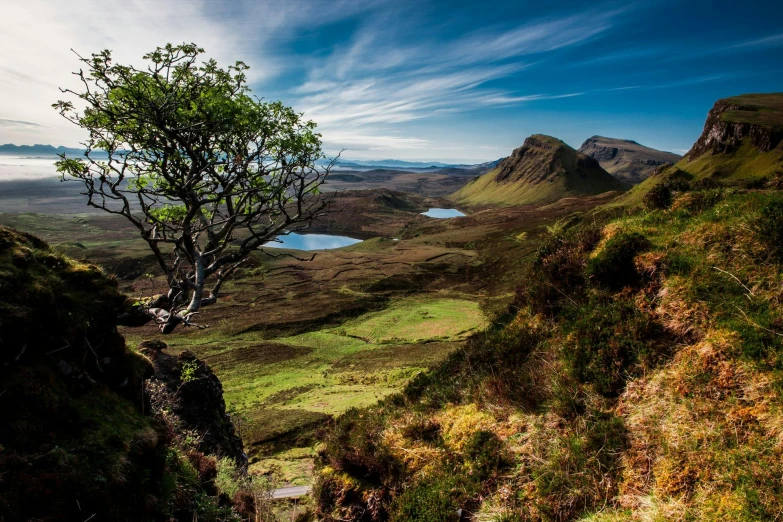 a view of mountains with trees and water