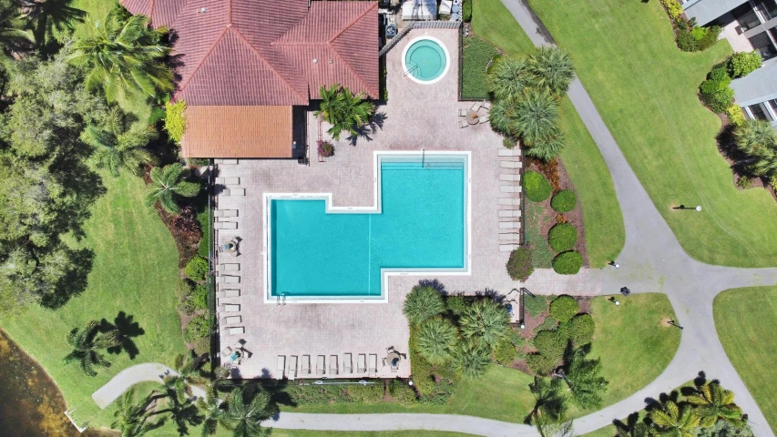 the view from above, looking down on a large house with an oval pool surrounded by grass and palm trees