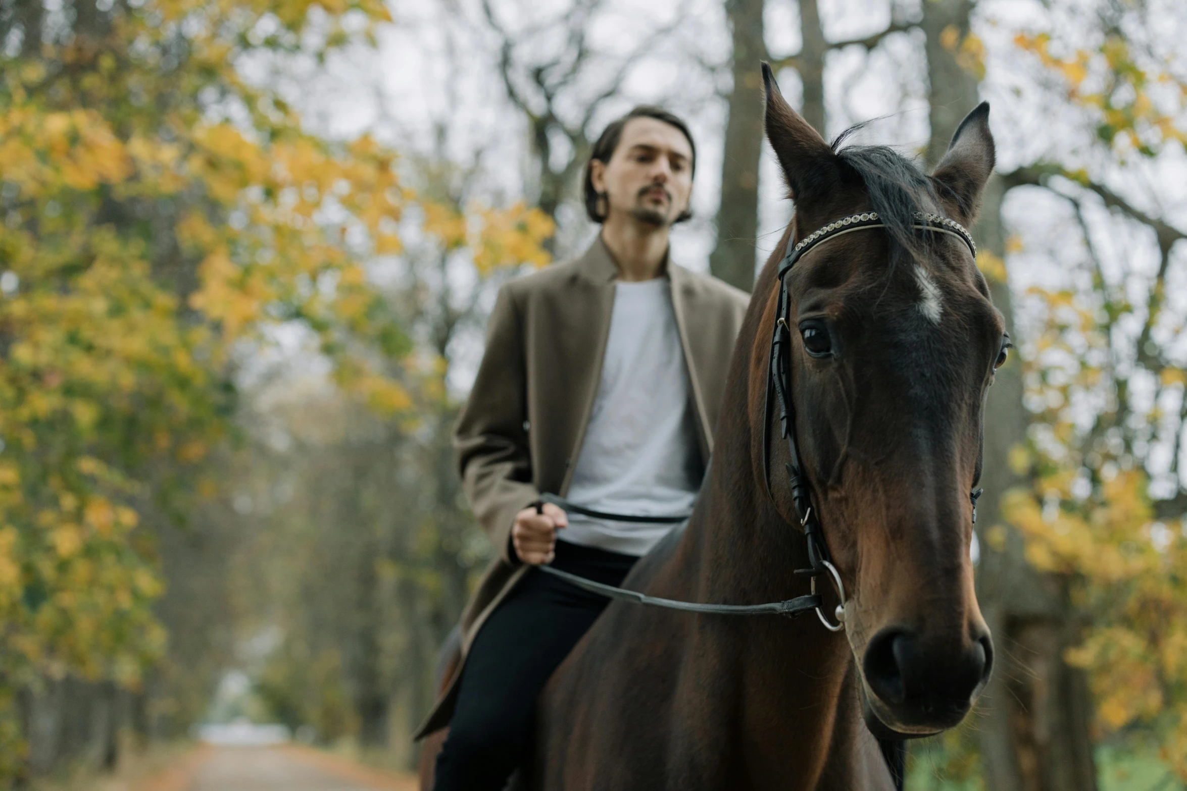 man riding on the back of a brown horse