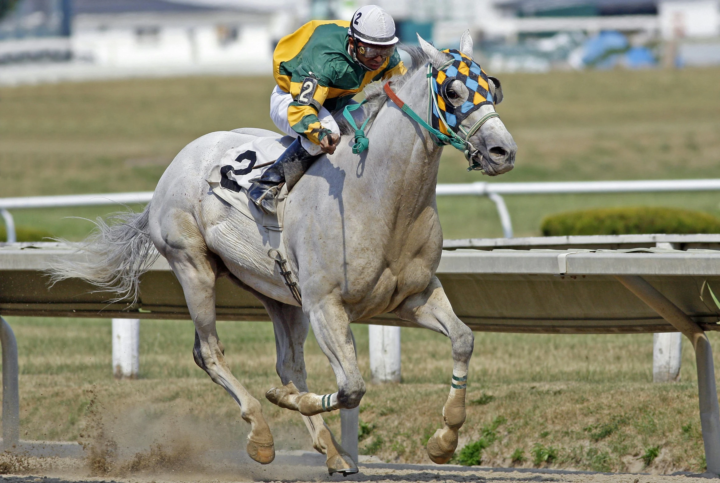 the man is riding on the horse at the racetrack