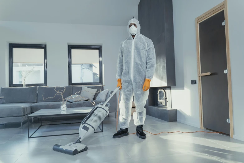 a man in protective clothing standing in the middle of a living room