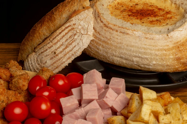 an assortment of food displayed on a table