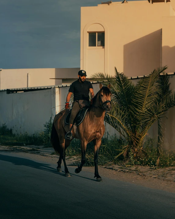 the officer is riding a horse on the road