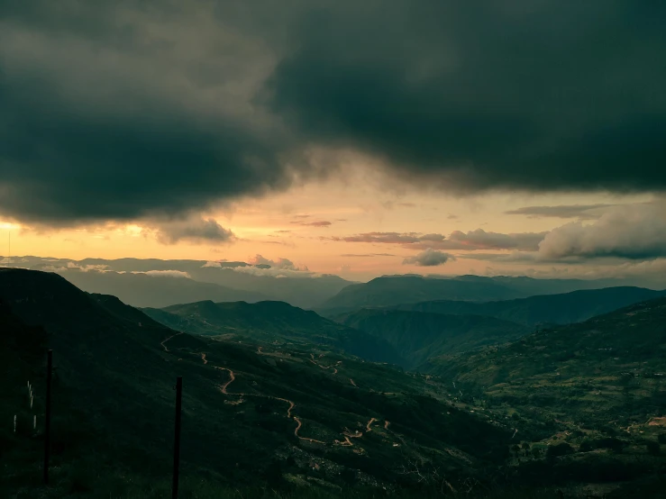 an overview view of a rural region at sunset