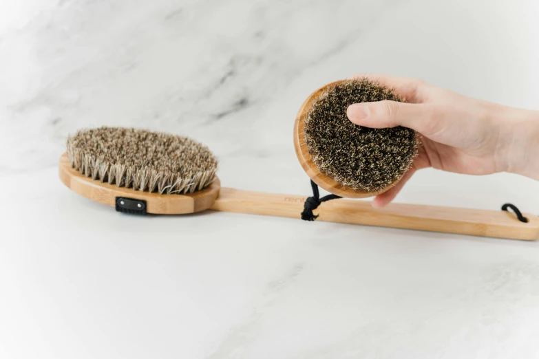 hand holding up a brush on the body for dry brushing