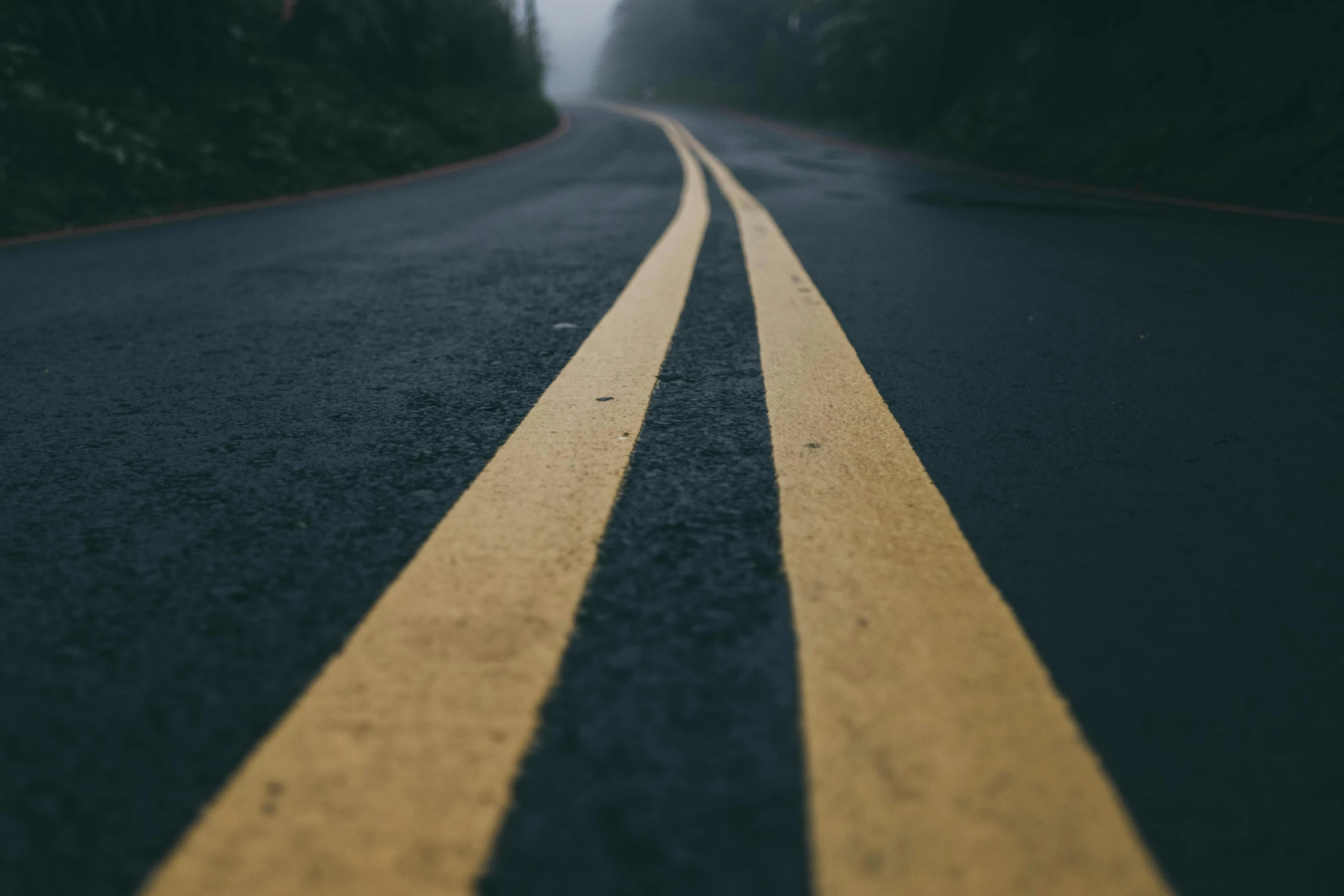 a long line of yellow lines on a roadway