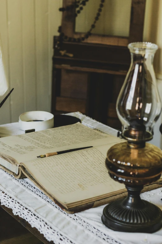 an open notebook and a cup on a table