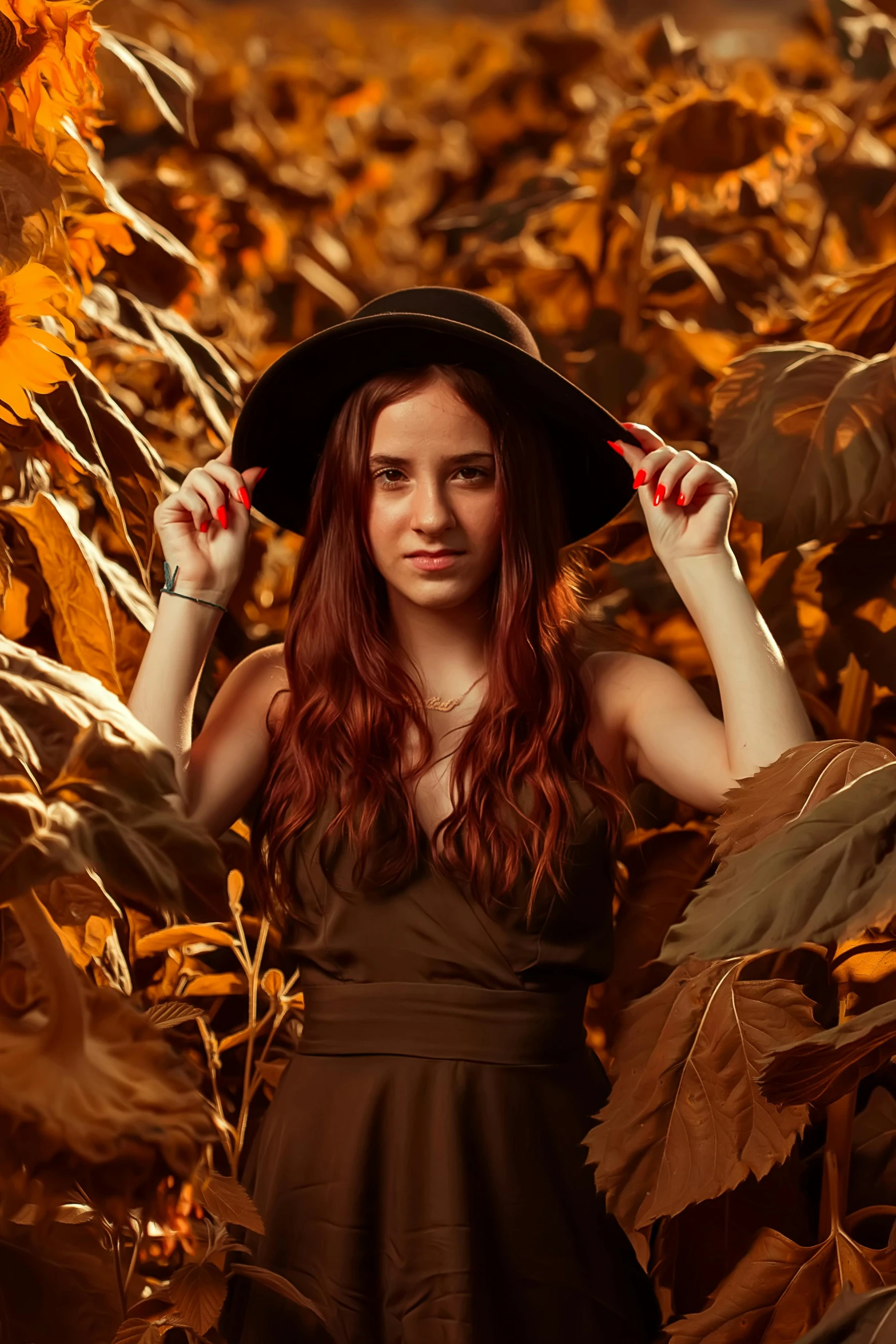 girl in hat posing for picture in a field