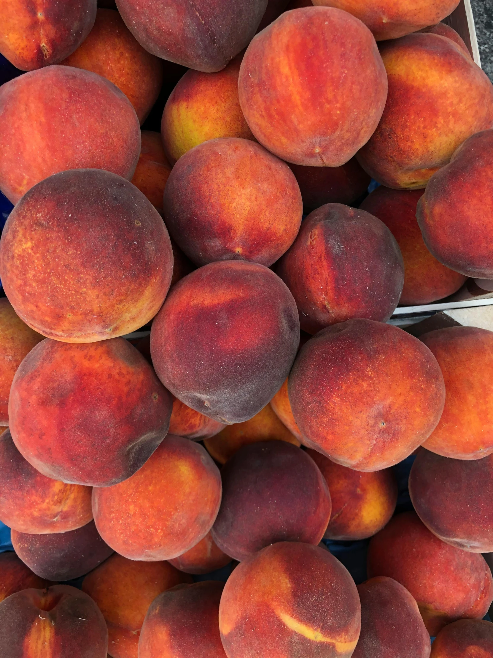 a pile of ripe peaches on display