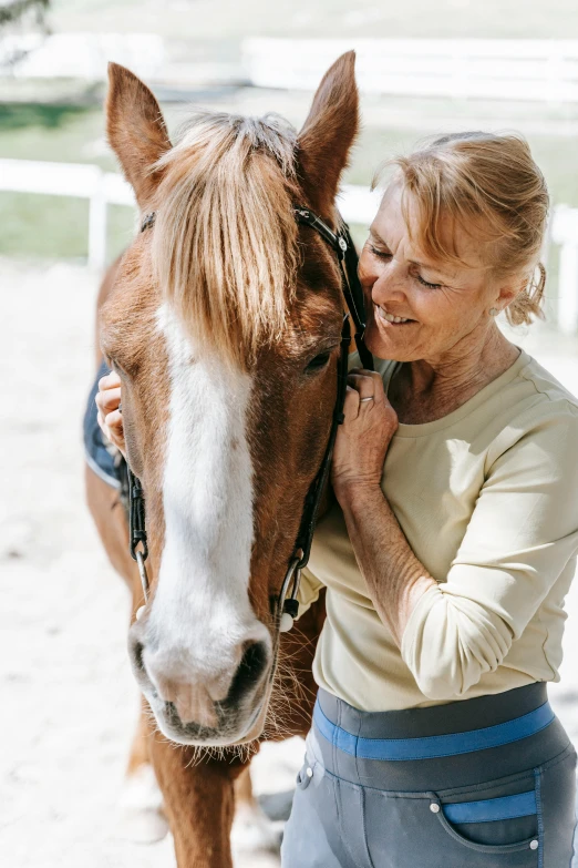 a woman is touching the face of a horse