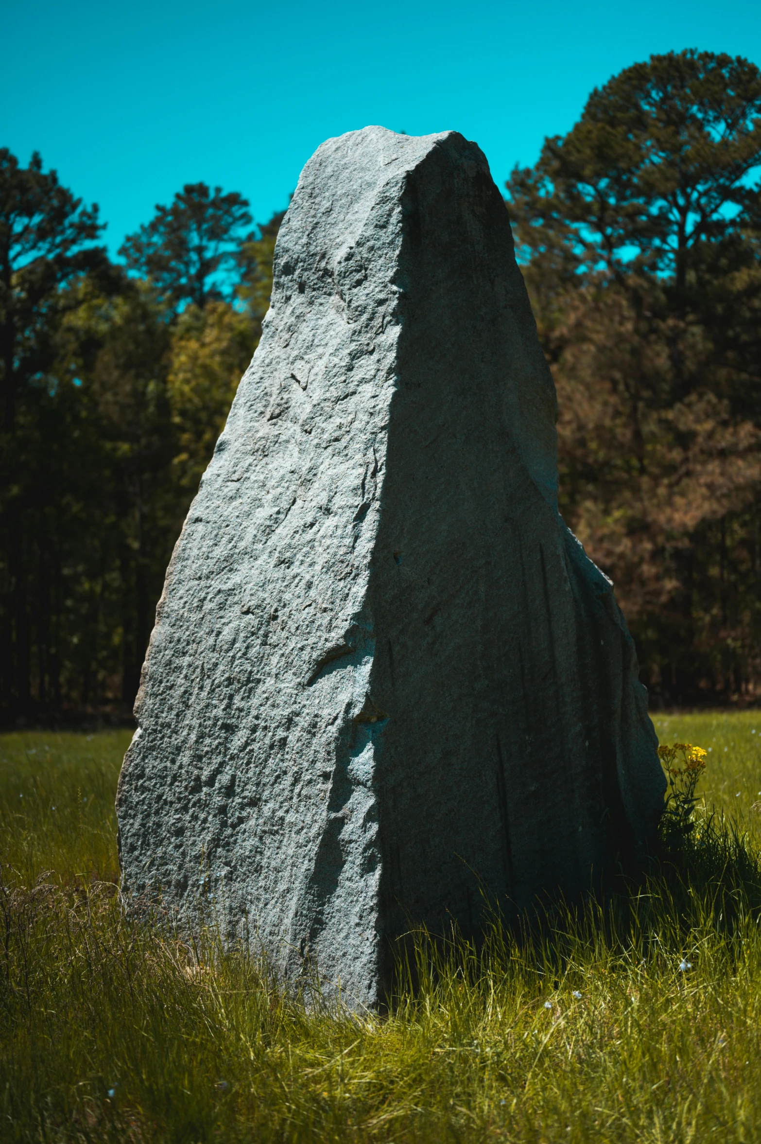 a large rock is placed out in the grass