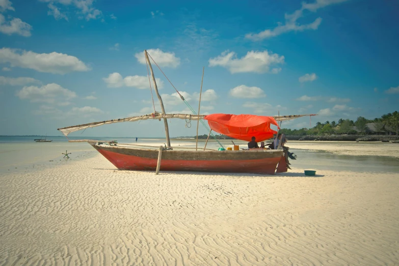 the small boat is tied to the beach