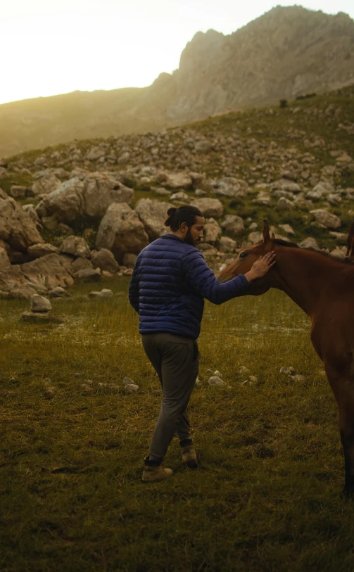 a man standing next to a horse on top of a lush green field