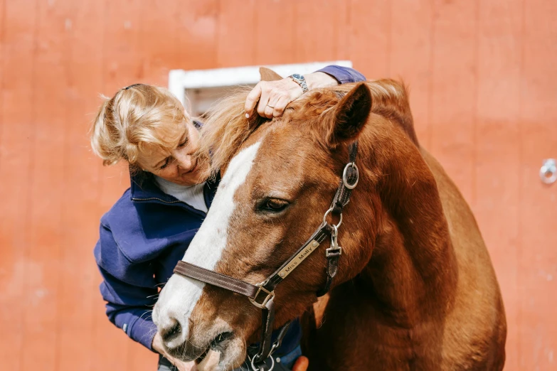 a young man hugs the head of a brown horse