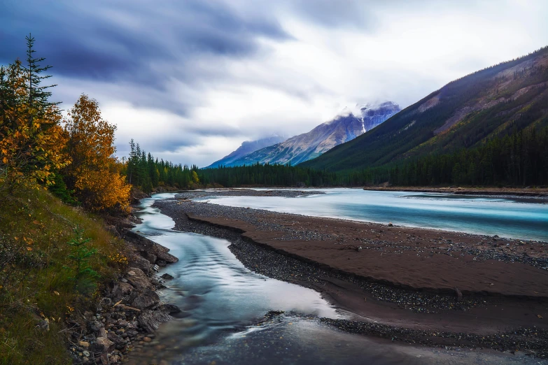 a river in a mountainous valley next to forest