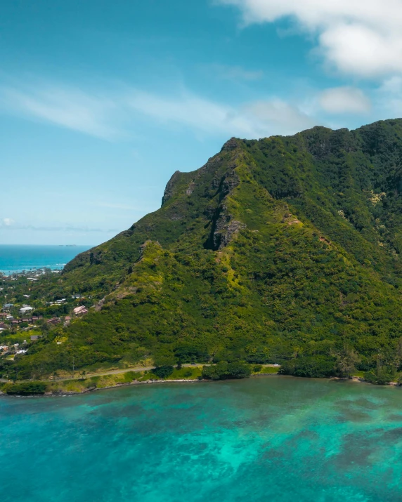 the aerial s of a tropical island next to a body of water