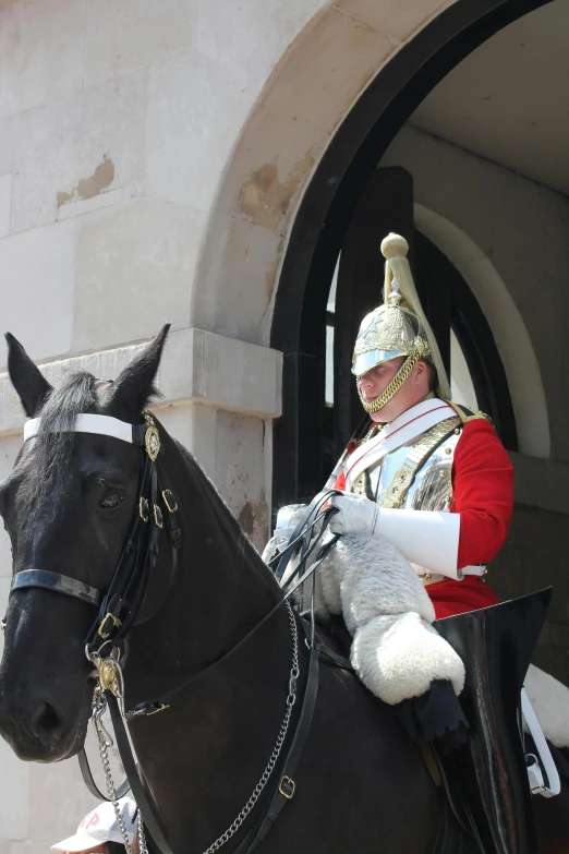 an officer sitting on top of a horse with a stuffed animal