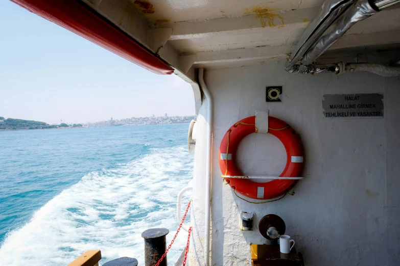 the view from a boat of a life preserver