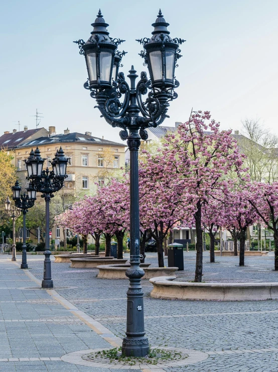 two street lights are on a city sidewalk