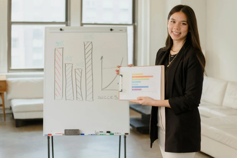 a person stands with a white board in front of them