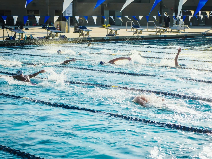 several swimmers are in the pool on their laps