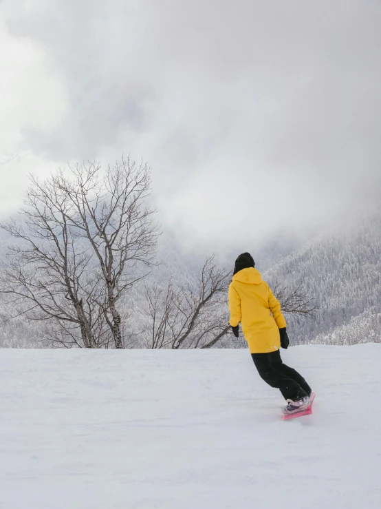 a person in a yellow jacket snowboarding down a hill